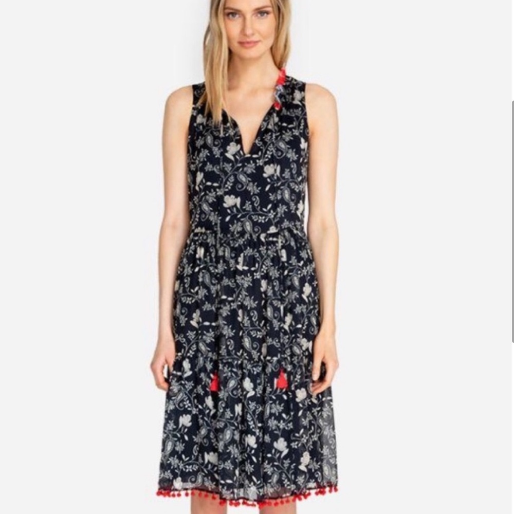 Johnny Was Jade Susila Silk Dress Red Pom Trim Blue White Print Size Small NWT